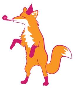 Illustration of a cheerful fox celebrating with raised arms, representing joy and milestone achievement for the LIFTS/Mother Love podcast.
